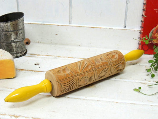模様・木製・イエローハンドル・US 回転式・50s ビンテージ・ローリングピン・めん棒 ・クッキー型