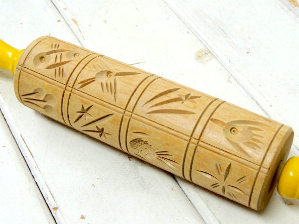 模様・木製・イエローハンドル・US 回転式・50s ビンテージ・ローリングピン・めん棒 ・クッキー型