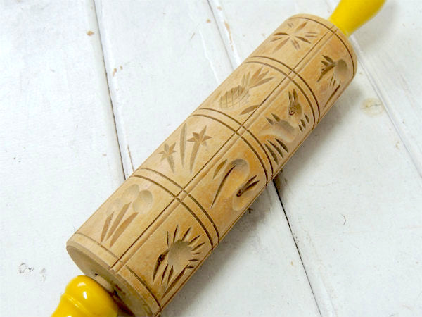 模様・木製・イエローハンドル・US 回転式・50s ビンテージ・ローリングピン・めん棒 ・クッキー型