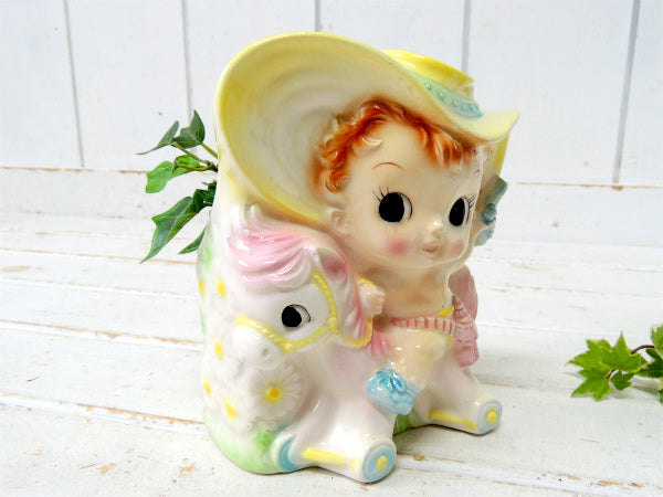 アメリカンビンテージ 木馬×カウガール 陶器製 ヴィンテージ ベビープランター 鉢 プランター 置物 インテリア