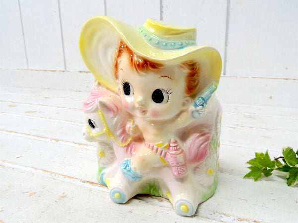 アメリカンビンテージ 木馬×カウガール 陶器製 ヴィンテージ ベビープランター 鉢 プランター 置物 インテリア