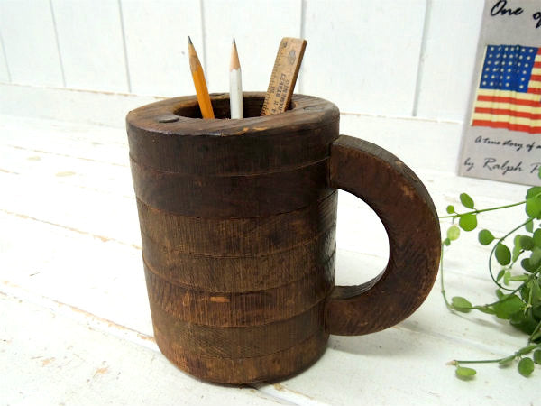 【アーリーアメリカン】木製・アンティーク・マグカップ・ビアジョッキ・ビアマグ・樽・ペン立て USA