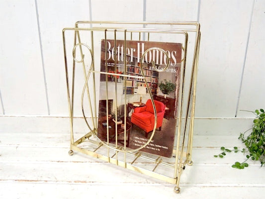ミッドセンチュリー ゴールドトーン・開閉式・ヴィンテージ・マガジンラック・レコードスタンド USA