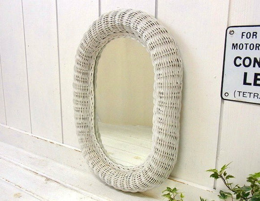 ホワイト・アンティーク・ウィッカー・ミラー・鏡・カントリースタイル・USA②