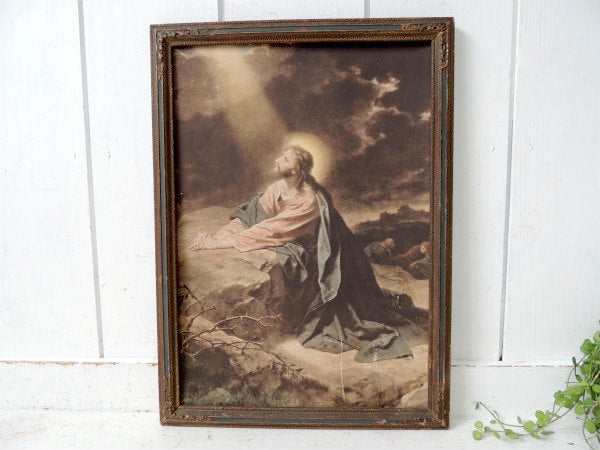 ゲツセマネの祈り1900-1920年 イエスキリスト・木製フレーム・アンティーク・額縁 装飾 聖品