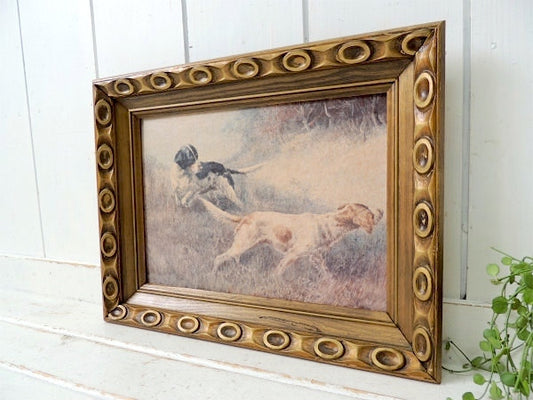 1975年・犬・絵柄 USA・ゴールド・オーバル模様・ヴィンテージ・木製フレーム・額縁・アート