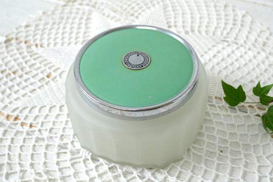 ミントグリーン リーフ柄 すりガラス製 アンティーク パウダーケース クリームジャー ガラス容器