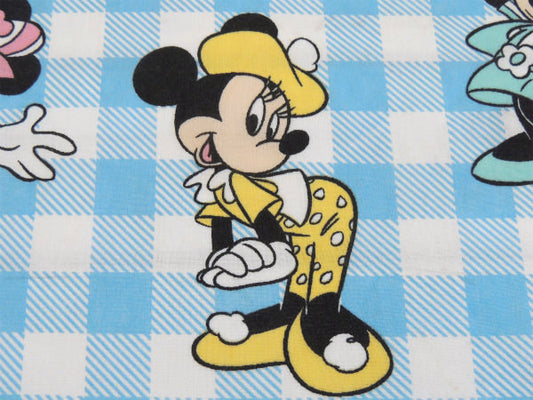 【ミニーマウス】ディズニー・水色チェック柄・ヴィンテージ・USEDフラットシーツ(上半分) USA