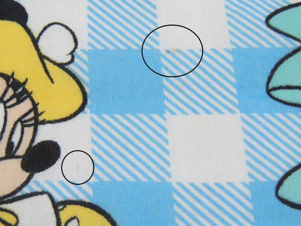 【ミニーマウス】ディズニー・水色チェック柄・ヴィンテージ・USEDフラットシーツ(下半分) USA
