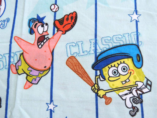 【スポンジボブ】水色ストライプ・ベースボール柄・ユーズドシーツ(フラットタイプ)