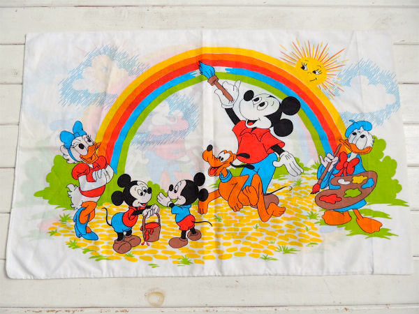 【ミッキー&フレンズ】ディズニー・レインボー柄・ヴィンテージ・ピロケース/枕カバー　USA