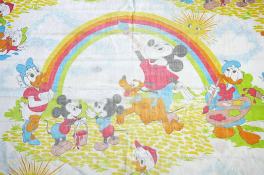 ミッキー&フレンズ カラフル レインボー柄 ヴィンテージ ユーズドシーツ(ボックスタイプ) USA
