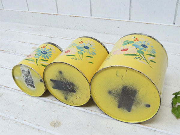 USA ランズバーグ イエロー・花柄・アンティーク・キャニスター・3個セット 保存容器 カントリー