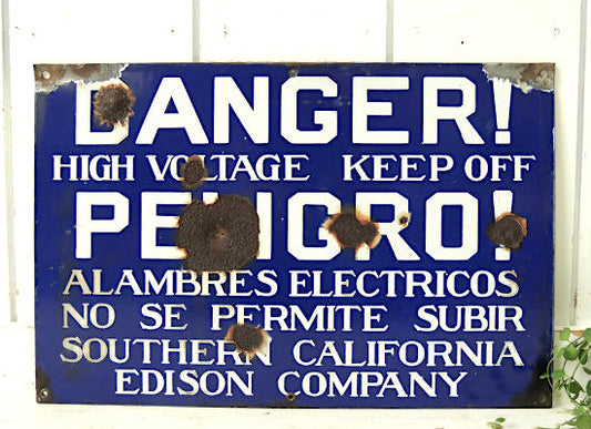 弾痕・DANGER! カリフォルニア・エジソン・カンパニー・看板・ヴィンテージ・ホーローサイン