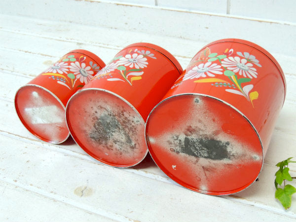 【ランズバーグ社】ハンドペイント・花柄・アンティーク・レッドキャニスター・3個/保存容器/フラワー