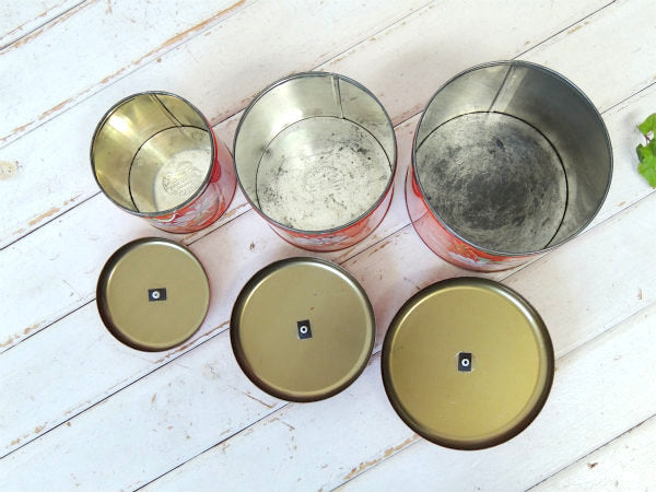 【ランズバーグ社】ハンドペイント・花柄・アンティーク・レッドキャニスター・3個/保存容器/フラワー