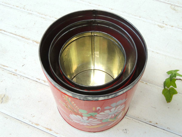 【ランズバーグ社】ハンドペイント・花柄・アンティーク・レッドキャニスター・3個/保存容器/フラワー