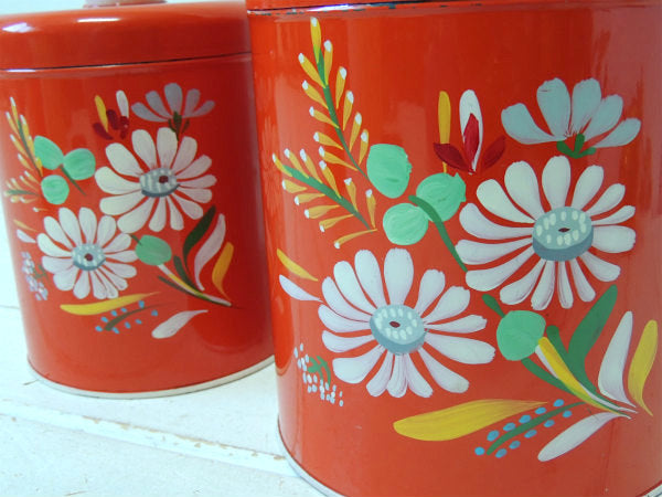 【ランズバーグ社】ハンドペイント・花柄・アンティーク・レッドキャニスター・3個/保存容器/フラワー
