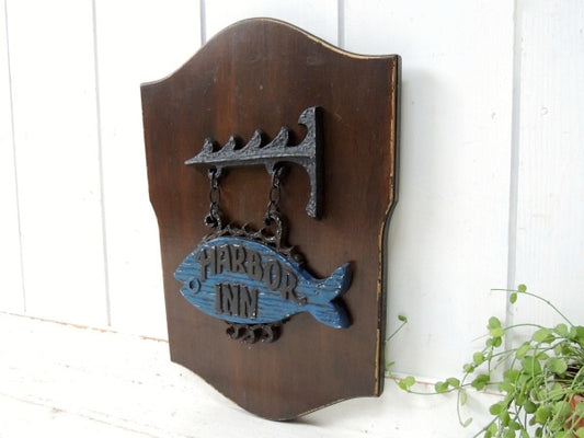 【HARBOR INN・魚】木製・ビンテージ・ウッドサイン・店頭用サイン・看板・ウォールデコ