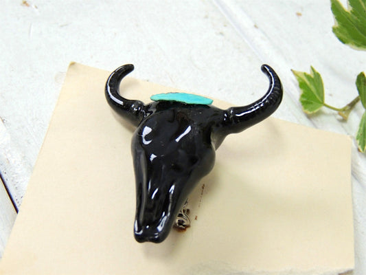 【カウスカル・牛モチーフ】スカルホーン・ターコイズ付き・ヴィンテージ・ブローチ/アクセサリー USA