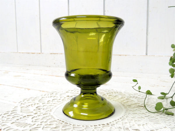 【ミッドセンチュリー】グリーンアンバー・USAガラス製・ヴィンテージ・フラワーベース・花瓶・脚付き