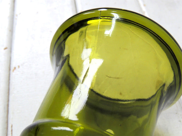 【ミッドセンチュリー】グリーンアンバー・USAガラス製・ヴィンテージ・フラワーベース・花瓶・脚付き