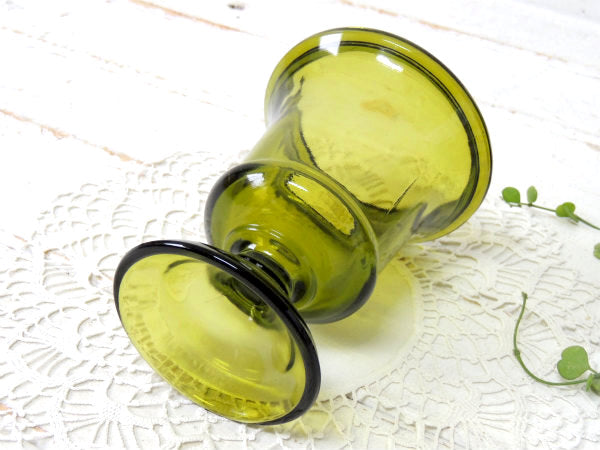 【ミッドセンチュリー】グリーンアンバー・USAガラス製・ヴィンテージ・フラワーベース・花瓶・脚付き