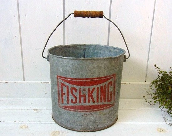 【FISHKING】木製ハンドル・ヴィンテージ・フィッシングバケツ ブリキバケツ　USA