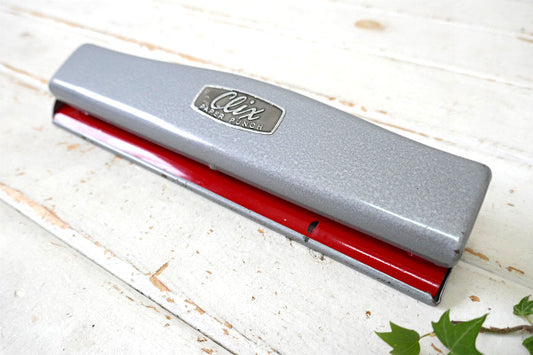 Clix グレー×赤 工業系 メタル製 3つ穴 40's ヴィンテージ ペーパーパンチ 穴あけパンチ