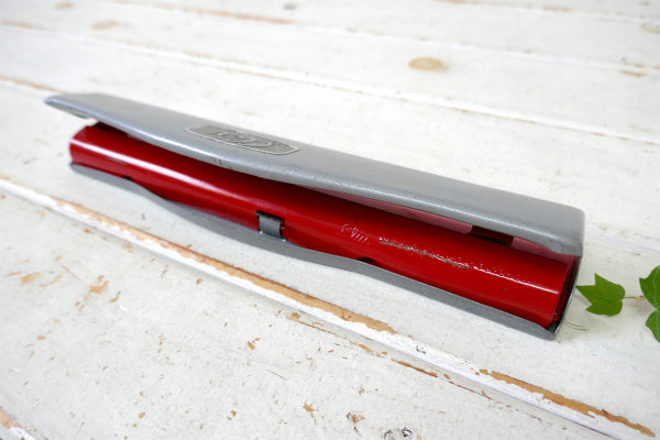 Clix グレー×赤 工業系 メタル製 3つ穴 40's ヴィンテージ ペーパーパンチ 穴あけパンチ