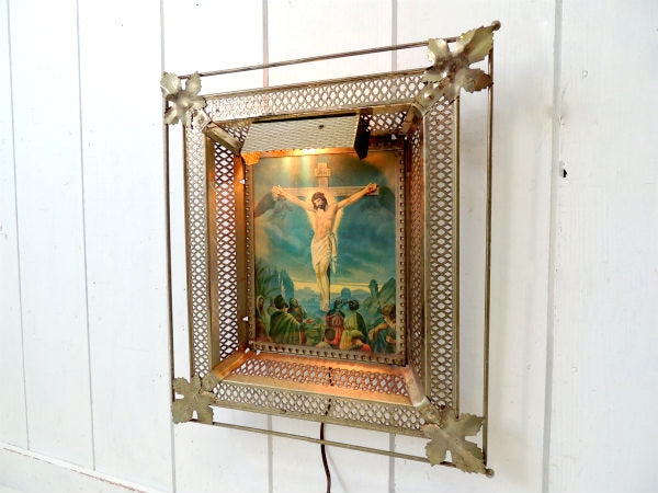 【十字架・キリスト・聖品】レンチキュラー・ライト付き・ヴィンテージ・ウォールデコ・壁飾り/電飾看板