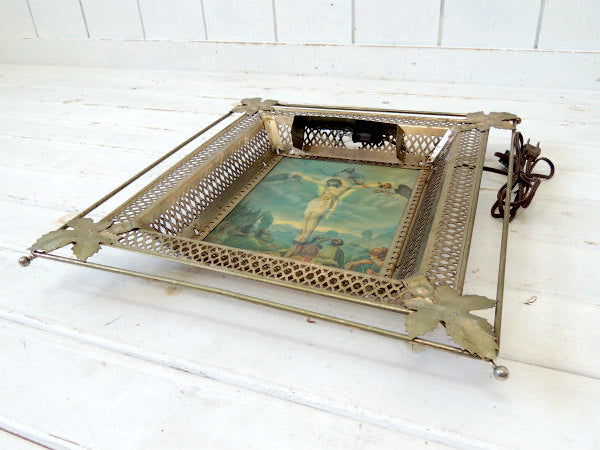 【十字架・キリスト・聖品】レンチキュラー・ライト付き・ヴィンテージ・ウォールデコ・壁飾り/電飾看板