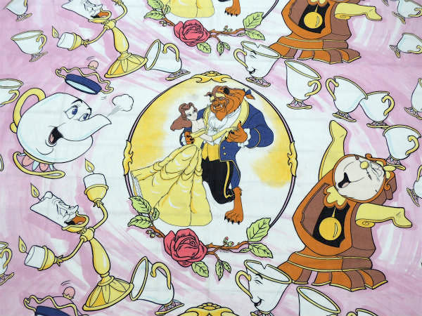 【美女と野獣】ディズニー・大柄プリント・ユーズドシーツ(フラットタイプ)USA