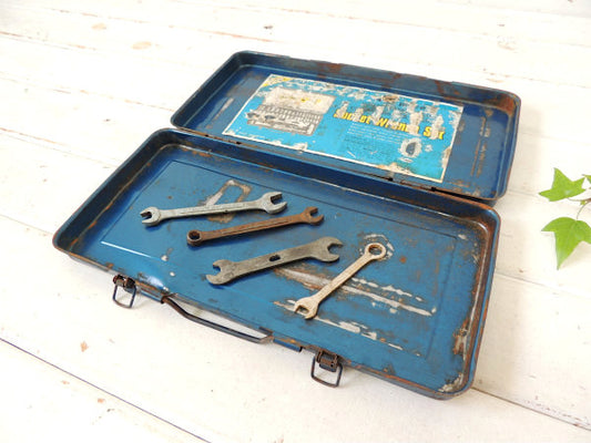 【ブルーメタリック・工業系】ブリキ製・ビンテージ・ツールボックス/工具箱・ケース・ハンドル付き