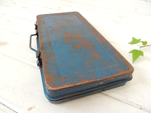 【ブルーメタリック・工業系】ブリキ製・ビンテージ・ツールボックス/工具箱・ケース・ハンドル付き