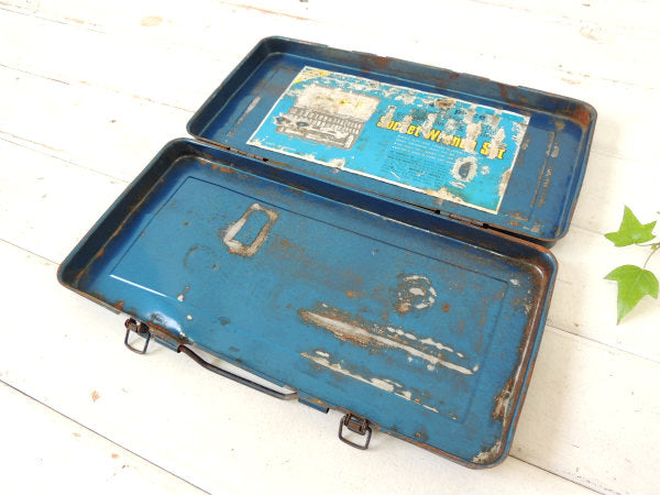 【ブルーメタリック・工業系】ブリキ製・ビンテージ・ツールボックス/工具箱・ケース・ハンドル付き