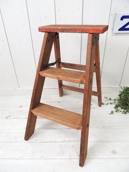 古い木製のナンバー入りアンティーク・ステップラダー/脚立/ガーデニング USA