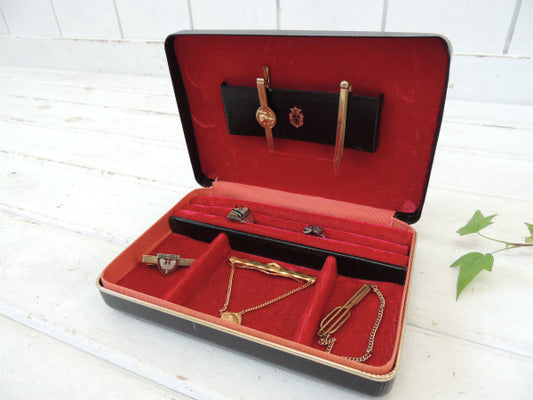 ブラック×レッドカラー メンズ ヴィンテージ・ジュエリーケース 宝石箱 ジュエリーボックス タイピン