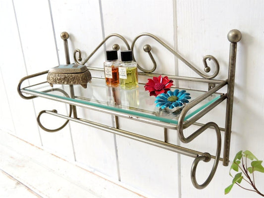 ミッドセンチュリー・ゴールド・ガラス棚板・タオルバー付き・ヴィンテージ・シェルフ/ウォールシェルフ