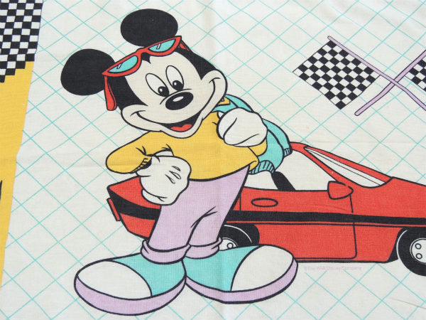 【ミッキーマウス】スポーツカー×チェッカーフラッグ・ヴィンテージ・ピロケース/枕カバー