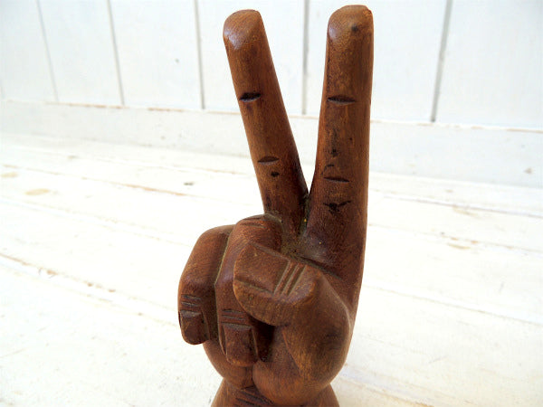 【1960y~1970y・木彫り】ピースサイン型・ヴィンテージ・オブジェ・置物・USA
