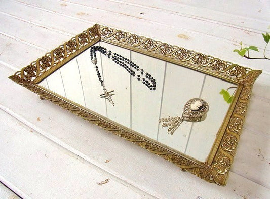 フラワーモチーフ・スクエア型・アンティーク・ミラートレイ/鏡　USA