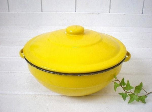 アンティーク　イエロー・ホーロー製・両手鍋　USA