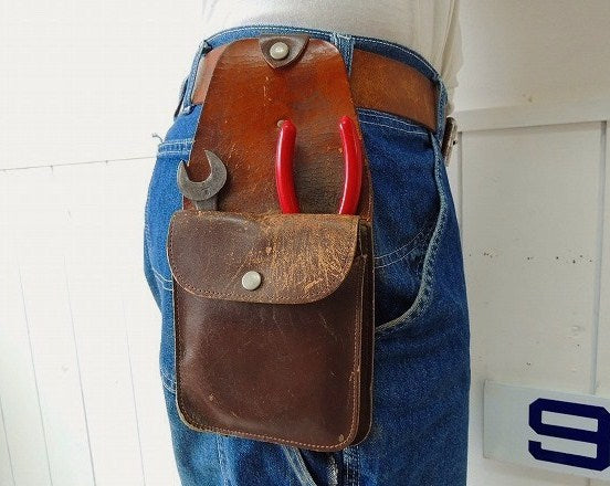 レザー製・ヴィンテージ・3ポケットツールポーチ・DIY/工具エプロン/ツールエプロン