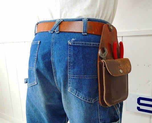 レザー製・ヴィンテージ・3ポケットツールポーチ・DIY/工具エプロン/ツールエプロン