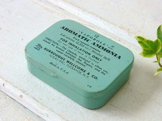 【AROMATIC AMMONIA】ターコイズブルー色の小さなヴィンテージ・ティン缶 USA
