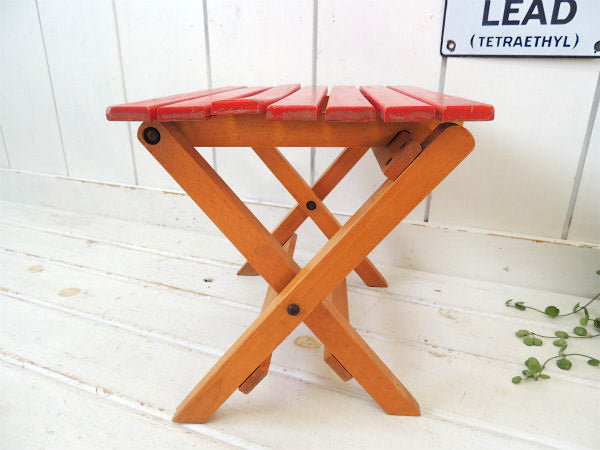 赤色の小さなアンティーク・フォールディング・木製スツール/チェア/イス USA