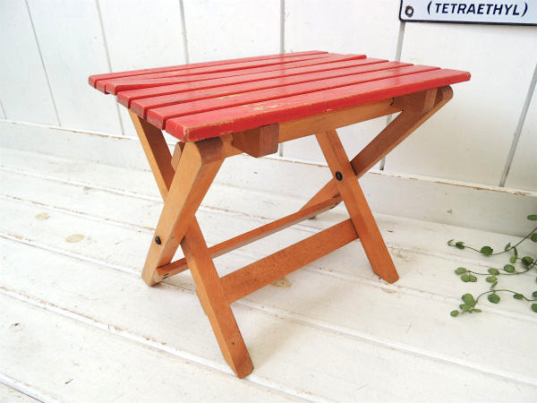 赤色の小さなアンティーク・フォールディング・木製スツール/チェア/イス USA