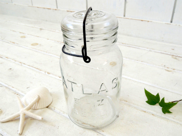 【ATLAS】ヘーゼルアトラス・アンティーク・ワイヤー・ガラスジャー/保存瓶(クリア) USA