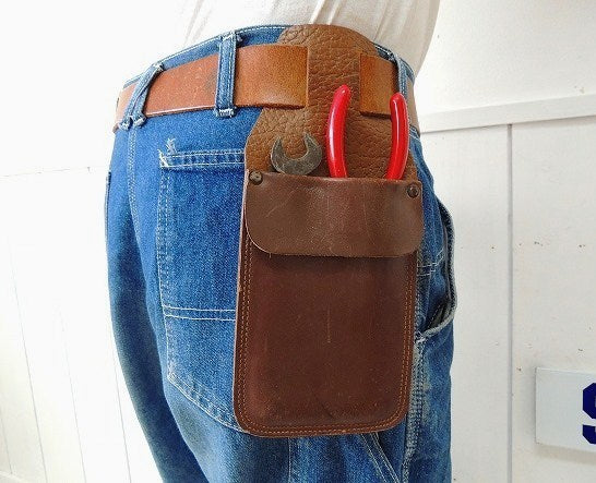 レザー製・ヴィンテージ・2ポケット・ツールポーチ・DIY/工具エプロン/ツールエプロン